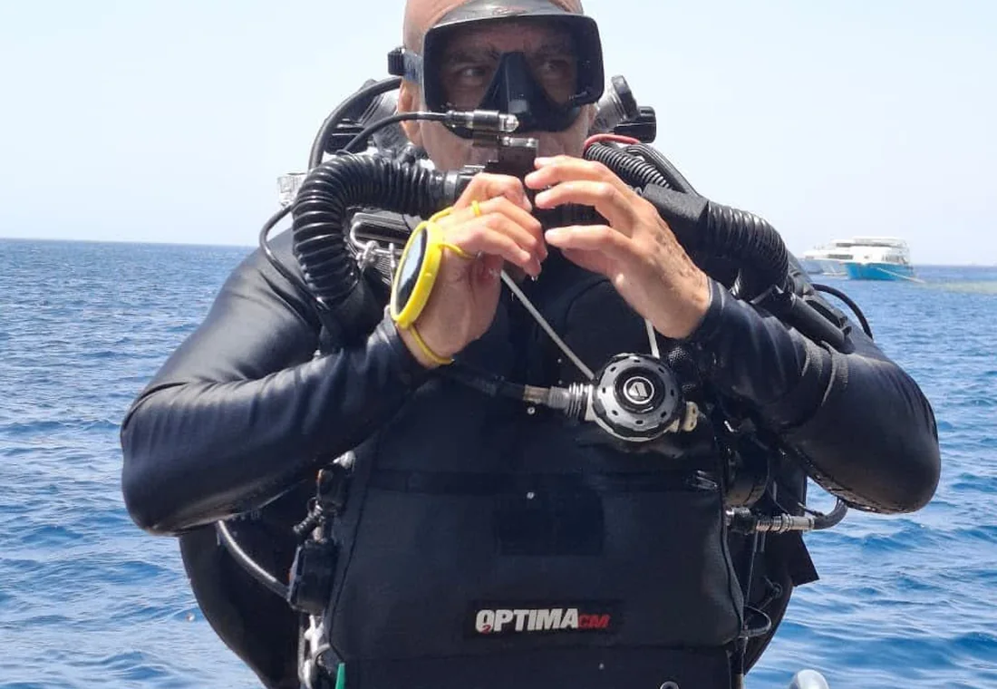 Technical diver wearing a Dive Rite O2ptima closed-circuit rebreather, Red Sea