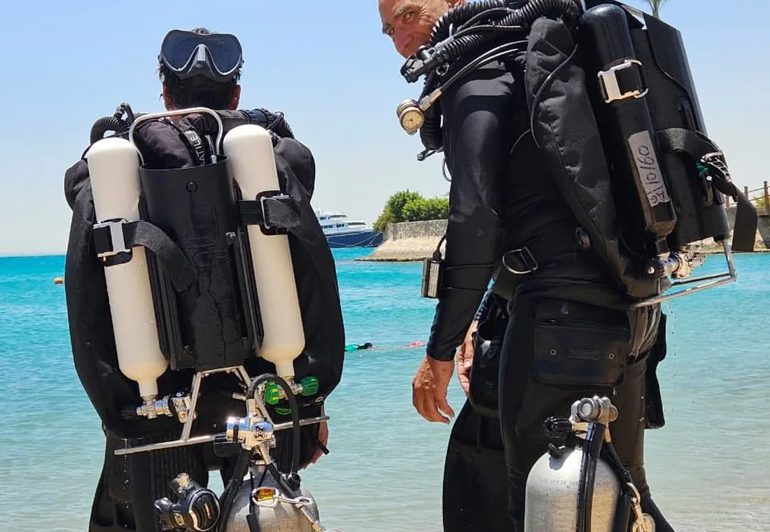 Divers geared up to begin technical diver training in Hurghada