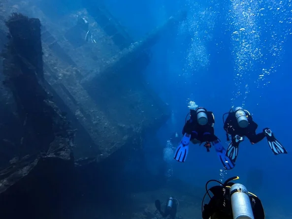 WWII-era warship wreck on the seabed — Bikini Atoll expedition