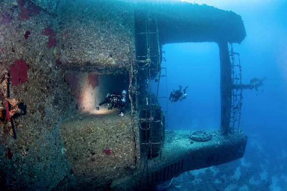 Technical diver at a large shipwreck — Cyprus Zenobia expedition